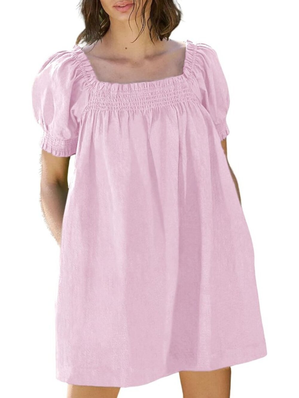 Women's Pink Square Neck Puff Sleeve Beach Sundress Casual Short Mini Dress
